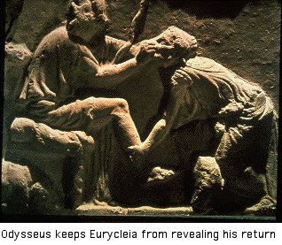 Odysseus keeps Eurycleia from revealing his return
